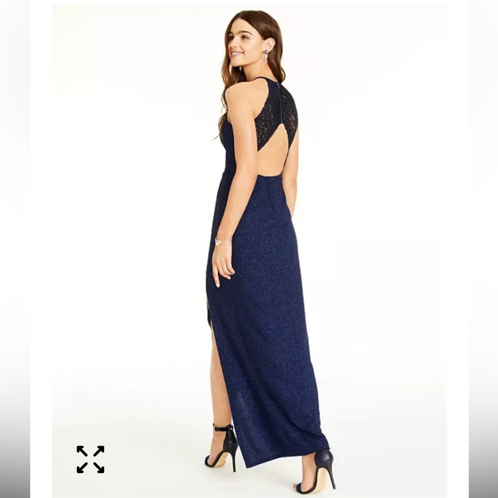 Macys Spaghetti strap lace back formal dress in sparkling navy